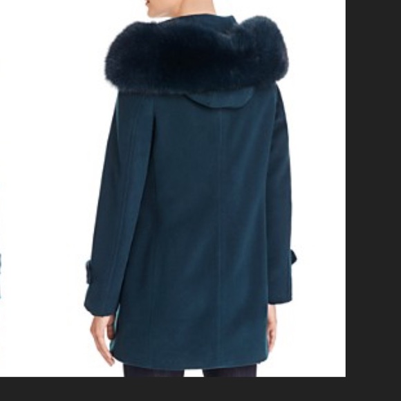 Trina Turk - Teal wool coat with fur trimmed hood - Picture 2 of 10